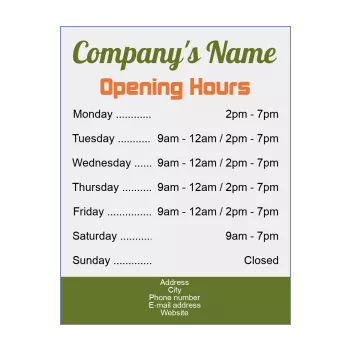 poster opening hours restaurant shop green grey orange 
