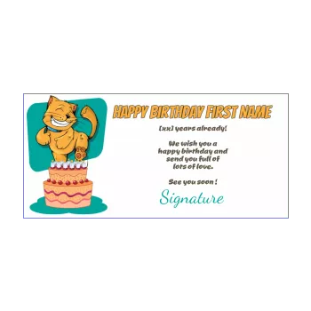happy birthday card cat brown cake drawing green kid animals 