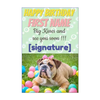 happy birthday card dog ball garden green animals 