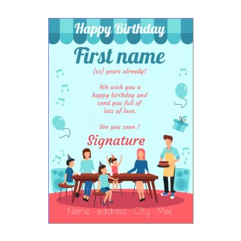 happy birthday card dinner balloon blue cake kid 