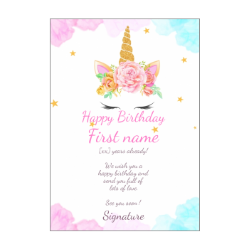 Free Unicorn birthday card printable template or send online