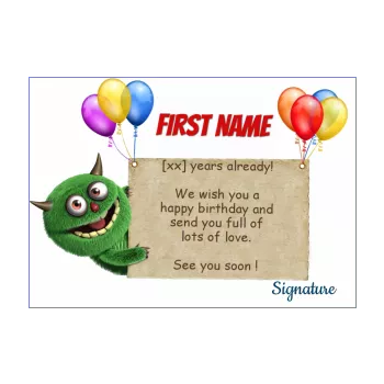 happy birthday card balloon green kid monster 