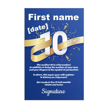 happy birthday card 10 years golden blue ribbon 