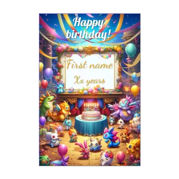 happy birthday card manga balloon cake candle kid pokemon animals 