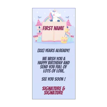 happy birthday card unicorn blue castle girl kid 