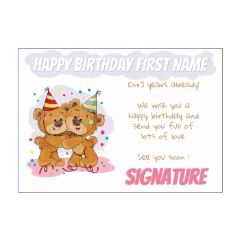 happy birthday card bear drawing kid mauve rose 