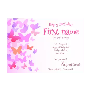 happy birthday card butterfly girl kid mauve rose animals 