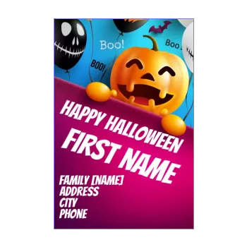 happy card invitation halloween blue drawing mauve pumpkin 