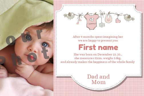 Announcement Birth Bird Baby Clothing with photo template