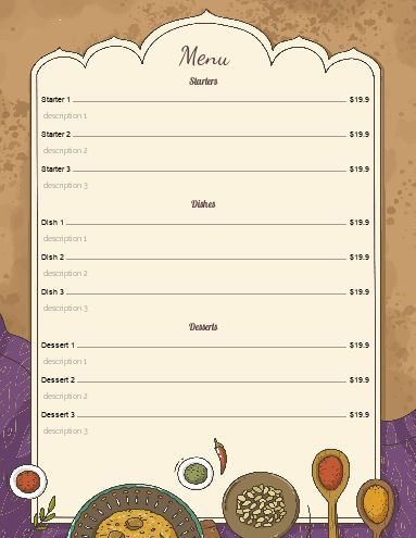 Card Menu Restaurant Brown Indian template