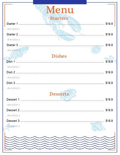 Card Menu Restaurant Blue Fish template
