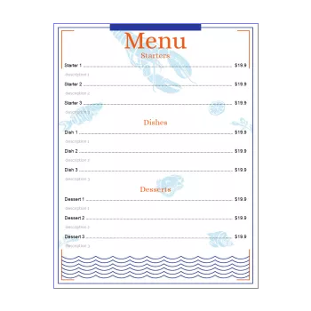 card menu restaurant blue fish orange wave 
