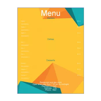 card menu restaurant blue orange yellow 