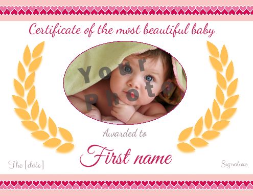 Certificate Birth Heart Baby Girl with photo template