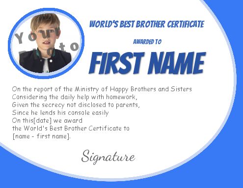 Certificate Best Brother Blue Boy with photo template