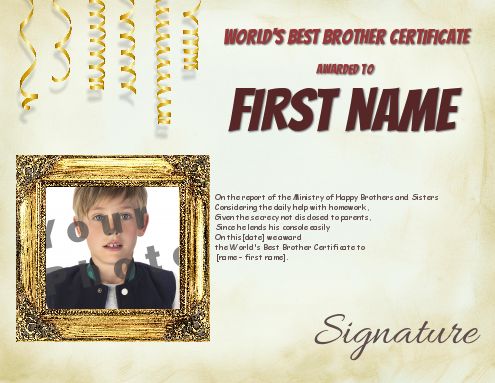 Funny Certificate Best Brother Yellow with photo template
