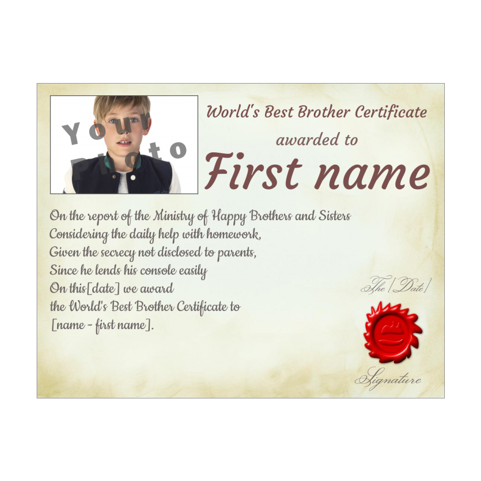 Funny Certificate Best Brother Yellow Grey with photo template (card 1319)