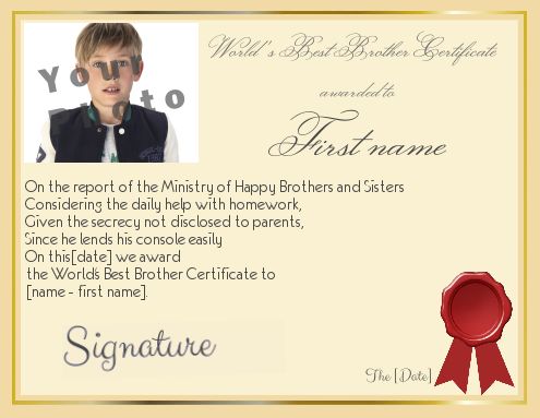 Certificate Best Brother Yellow with photo template