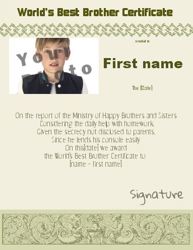 Certificate Best Brother Green with photo template
