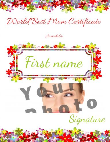 Certificate Best Mom Flower Green with photo template