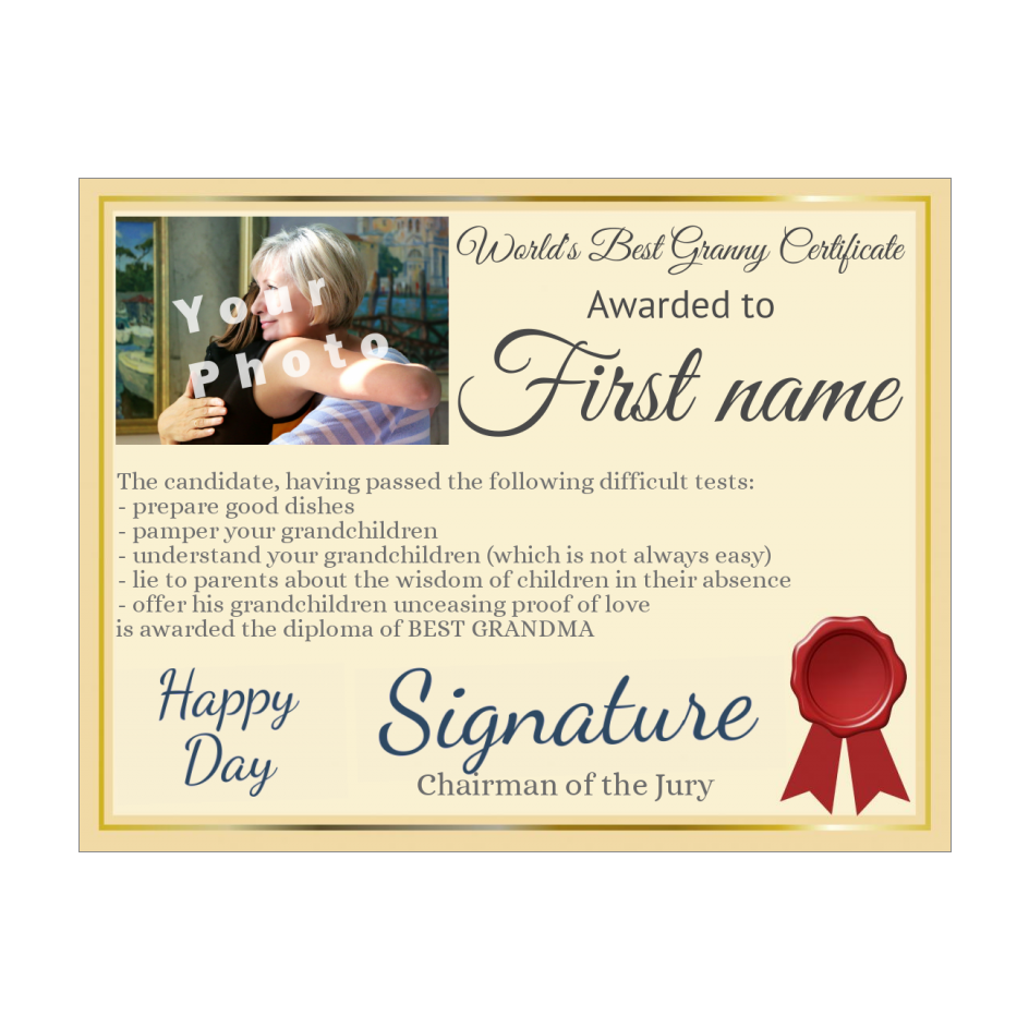 Certificate Best Grandmother Yellow with photo template (card 1681)