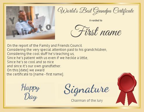 Certificate Best Grandfather Yellow with photo template
