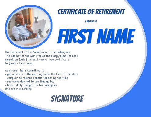 Funny Certificate Retirement Blue with photo template