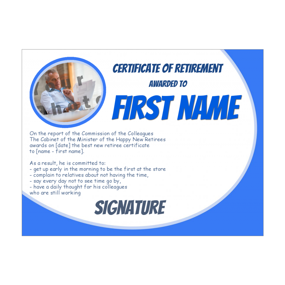 Funny Certificate Retirement Blue Man with photo template (card 1123)