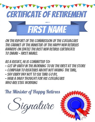 Funny Certificate Retirement Blue White template
