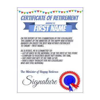 funny certificate retirement blue white 