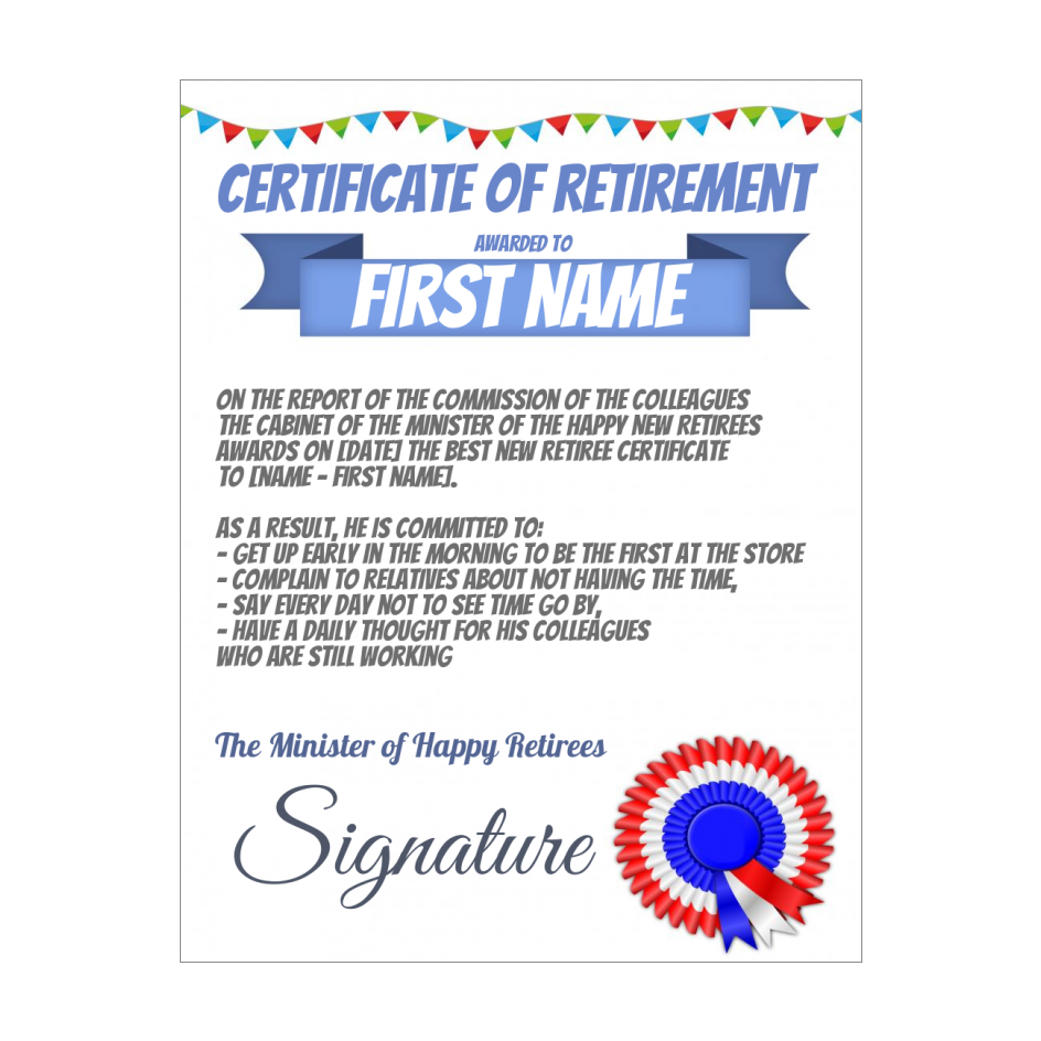 Funny Certificate Retirement Blue White template (card 1120)