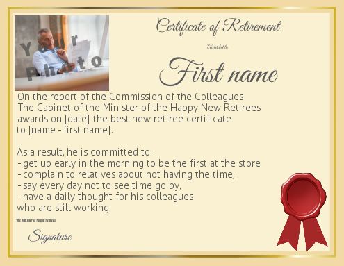 Funny Certificate Retirement Yellow with photo template