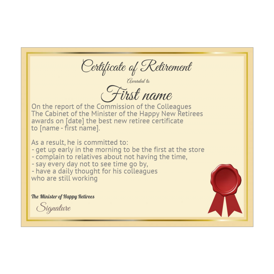 Funny Certificate Retirement Yellow template (card 1115)