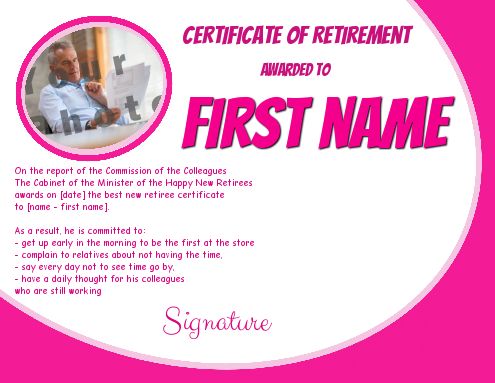 Funny Certificate Retirement Mauve Rose Women with photo template (card ...