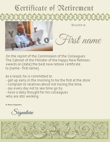 Funny Certificate Retirement Green with photo template