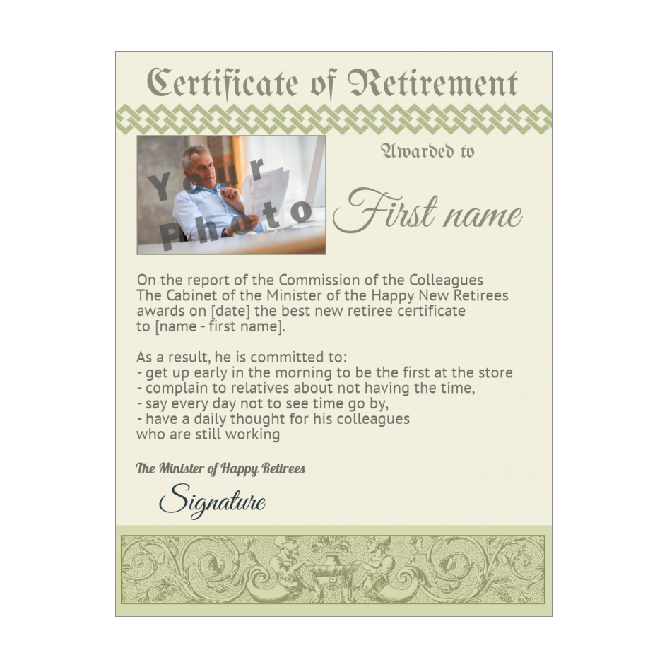 Funny Certificate Retirement Green with photo template (card 1118)