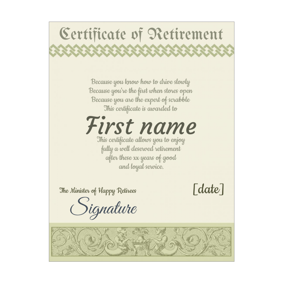 Funny Certificate Retirement Green Template (card 1117)