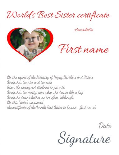 Certificate Best Sister Heart Red with photo template