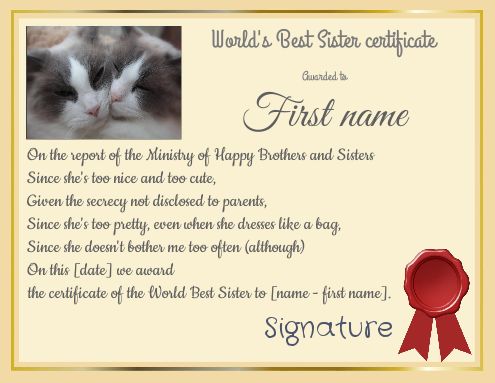 Certificate Best Cat Sister Yellow template