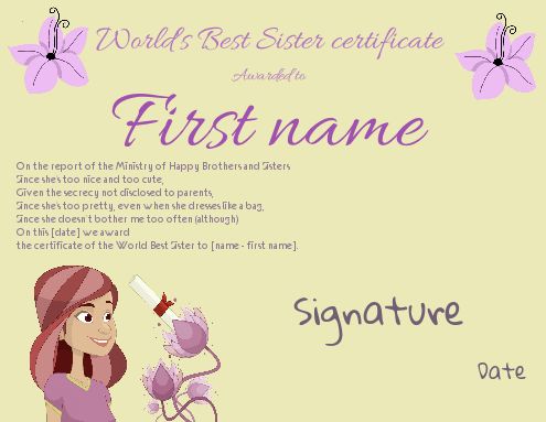 Certificate Best Sister Drawing Flower template