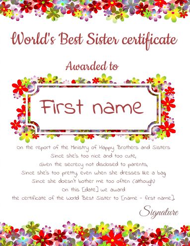 Certificate Best Sister Flower Red template