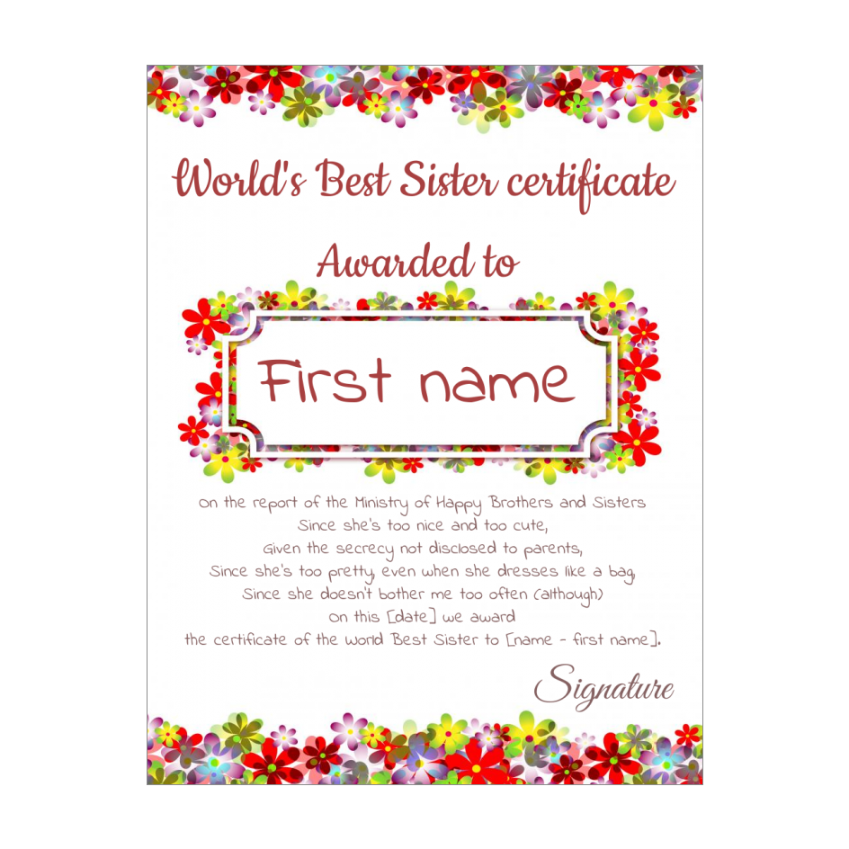 Certificate Best Best Sister Flower Red template (card 1307)