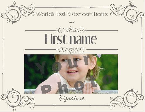 Certificate Best Sister Grey Yellow with photo template