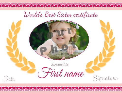 Certificate Best Sister Heart Rose with photo template
