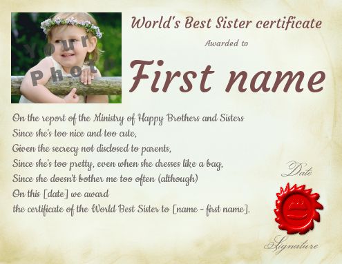 Certificate Best Sister Red Yellow with photo template