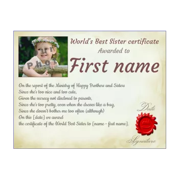 certificate best sister red yellow 