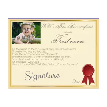 certificate best sister yellow 