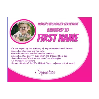 certificate best best sister girl mauve rose 
