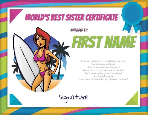 Funny Certificate Best Sister Girl template