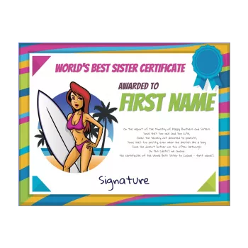 funny certificate best sister girl sport surf 